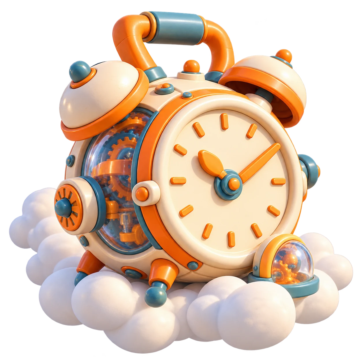 A cloud-borne alarm clock with exposed gears — the moment a buyer's need becomes active
