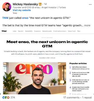 Mickey Haslavsky's LinkedIn post: TNW calls enso the next unicorn in agentic GTM