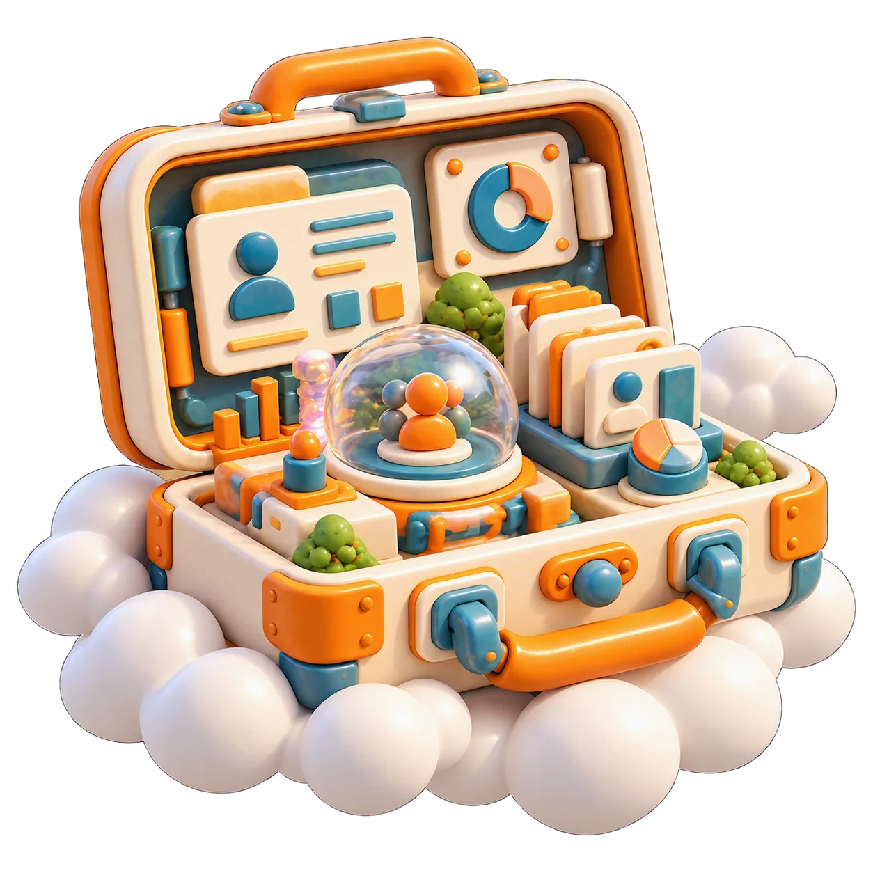 An open briefcase floating on clouds — its lid holds a buyer profile and charts, its base a team gathered under a glass dome: the full picture behind every meeting